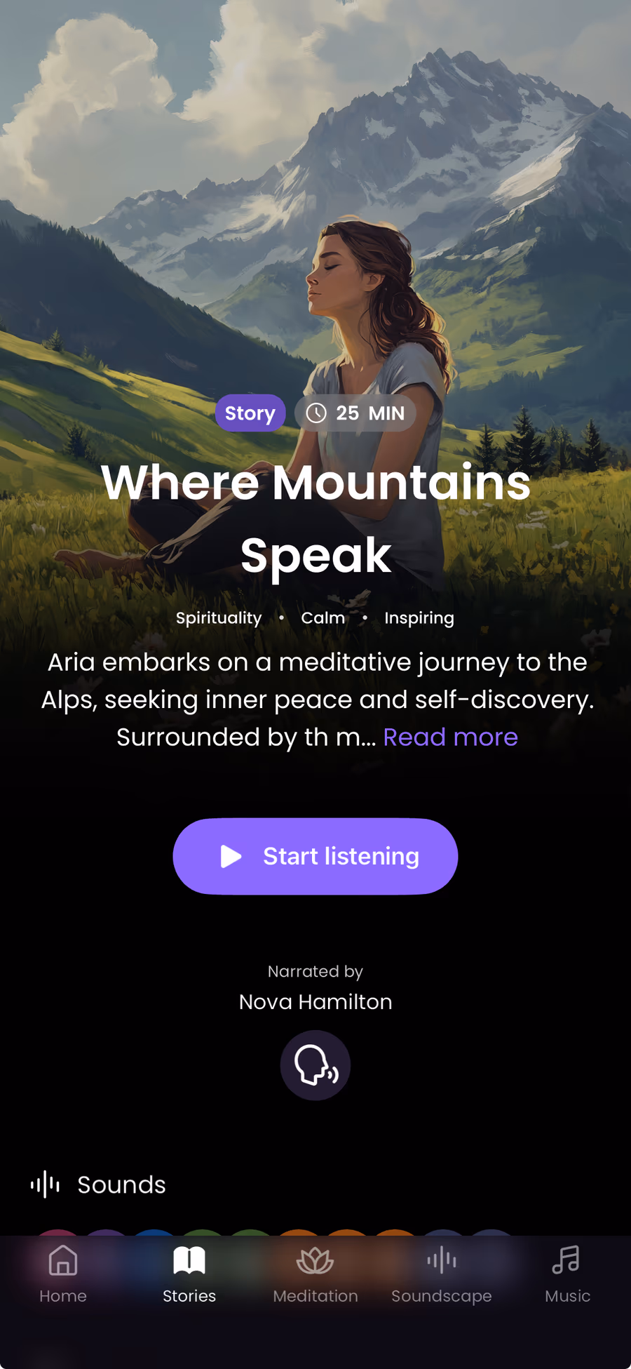NightWhisper story player with narrator voice, sounds, music, and binaural beat controls