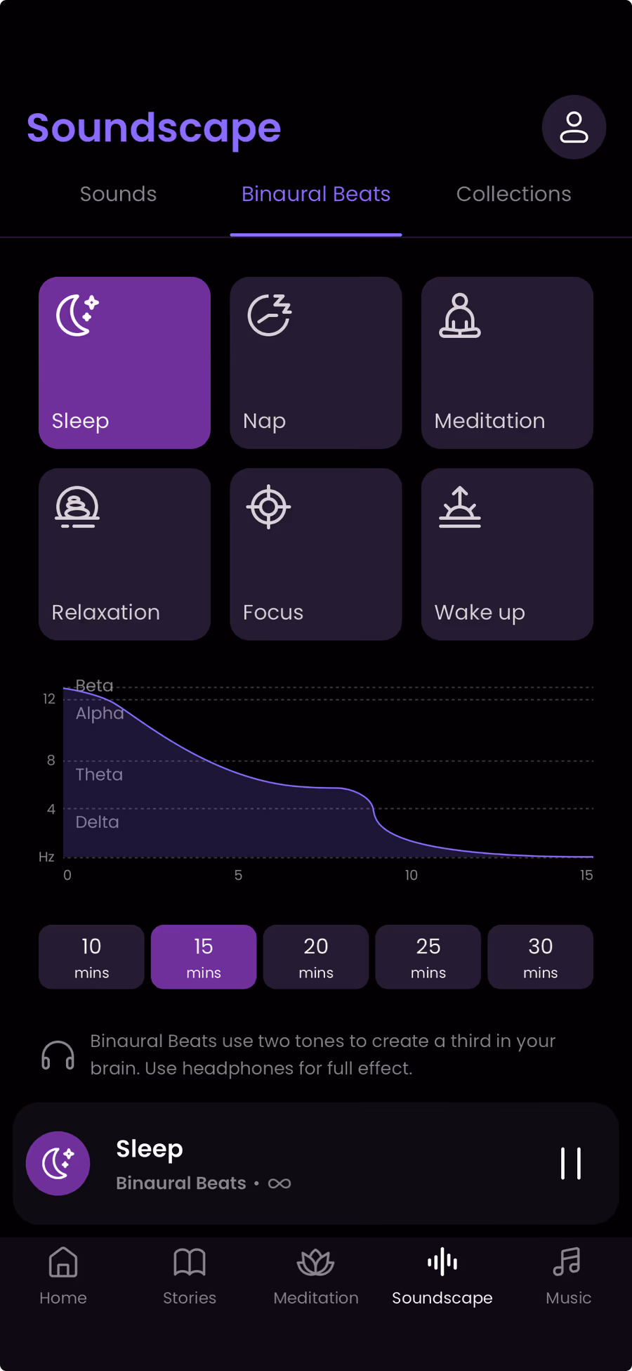 NightWhisper Binaural Beats player — Soundscapes tab with frequency and duration controls