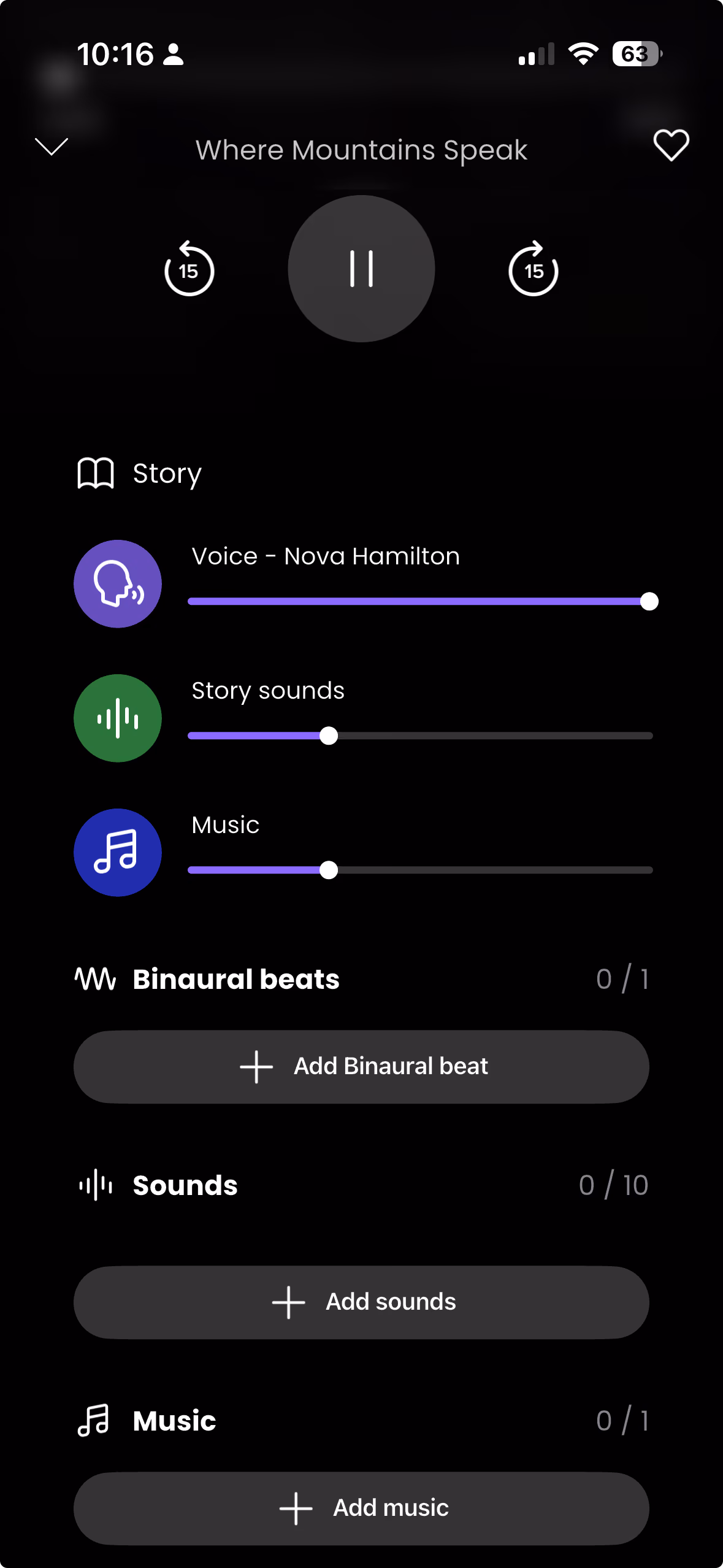 NightWhisper story player with voice, sounds, and music controls